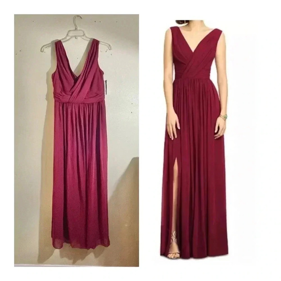 Dessy Collection Draped Chiffon Maxi Slit Dress Size 14 Burgundy Style 2894 NEW - Picture 1 of 12